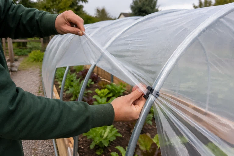 Pull the greenhouse cover tight and secure it evenly. Pull the greenhouse cover tight and secure it evenly.